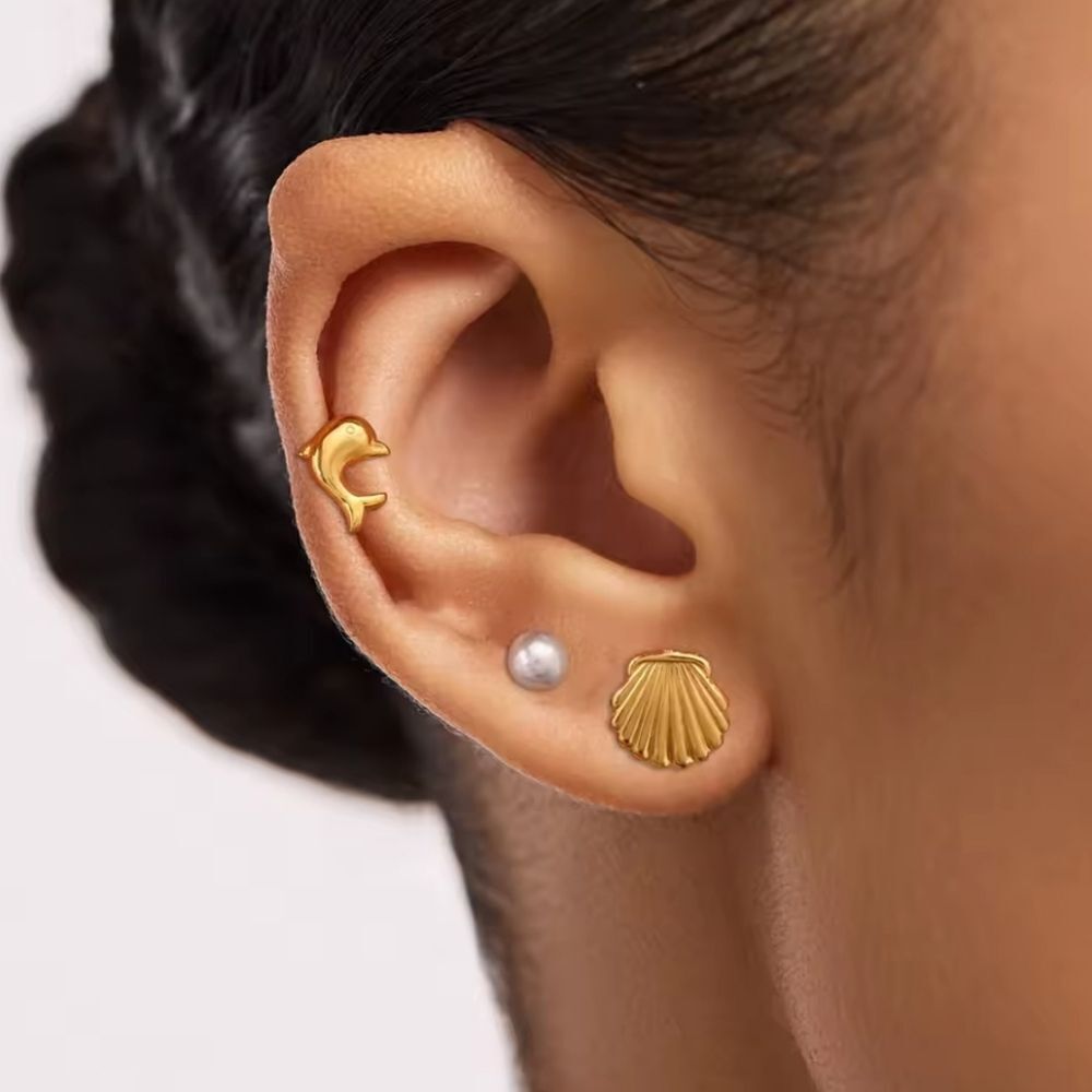 New Gold Ss Dolphin, Shell, Pearl Stacking Stud Earrings Set